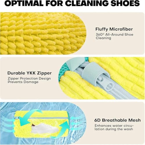 2-Pack Shoe Laundry Bags for Washer & Dryer – Reusable Sneaker laundry Bag with 360° Microfiber Cushion – Anti-Deform, Tear-Resistant, Foldable shoe washing machine bag, 39x19cm – Yellow4