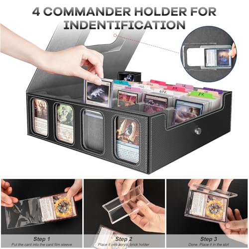 Image of 3200+ Trading Card Storage Box with Commander Display, 4 Row Card Deck Box with Portable Handle, Compatible for TCG /MTG /Magic Cards, 30 Colorful Divider, 8 Supporters, US Design Patent (Black&Grey)