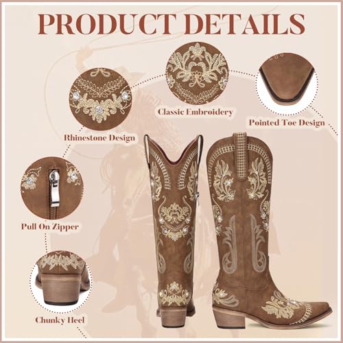 Cowboy Boots for Women - Wide Calf Knee High Cowgirl Boots, Glitter Sparkly Rhinestone Western Country Boots with Classic Embroidery, Pointed Toe Pull On Zipper Retro Boots4