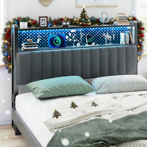 VINGLI King Size Headboard Only, Adjustable Upholstered Headboard with 2 Tier Shelves and Pegboard with Charging Stations and LED Lights, Modern Bed Headboard with Storage for Bedroom Decor