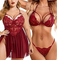 Xivir Plus Size Lingerie Lace Babydoll and Bra&Panty Womens Strap Chemise Nightgown V Neck Nighty Mesh Sleepwear Side Slit Nightdress (Free Size, Maroon)