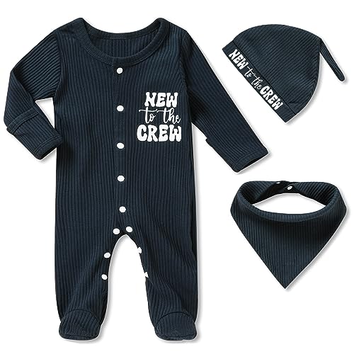 Image of ZOELNIC Newborn Infant Baby Boy Coming Homing Clothes Letter Print Button Knit Footed Romper Jumpsuit Hat Bibs 3pcs Outfit