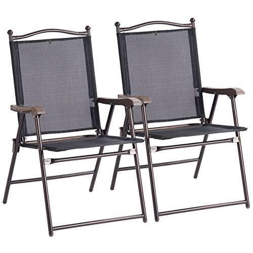Giantex Set of 2 Patio Folding Chairs, Outdoor Patio Dining Chairs w/Armrest, Sling Back, Metal Frame, Outside Use for Lawn Camping Garden Pool Beach Yard Lounge, No Assembly, Black