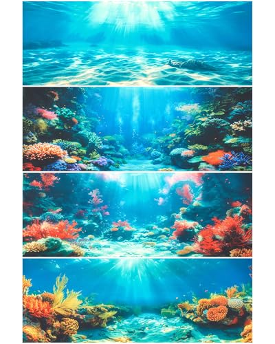 Image of Mindsoft 4 Pack Aquarium Background Polyester 48 x 18 Inch Cloth Fish Tank Background Undersea Corals Sunshines Rock Aquatic Plants Wallpaper with Double-Sided Tape