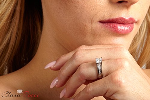 3.40Ct Princess Cut Pave Solitaire Accent Lab Created White Sapphire & Simulated Diamond Engagement Promise Statement Anniversary Bridal Wedding Ring Band Set Sliding Real 14K White Gold Size 9 #TOP3