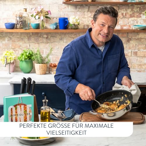 Foto von Tefal Jamie Oliver Cook‘s Classic Servierpfanne 30 cm, Schmorpfanne Induktion mit Antihaftversiegelung, Thermo-Signal bei idealer Brattemperatur, für alle Herdarten geeignet, Edelstahl, E30690