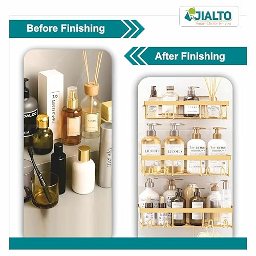 Image of JIALTO 5 in 1 Self-Adhesive Bathroom Organizer Combo - No Drill Wall Mounted Shelf Stand with Metal Racks, Toothbrush Holder, Soap Dish & Storage Tray - Multipurpose Bathroom Accessories (Golden)