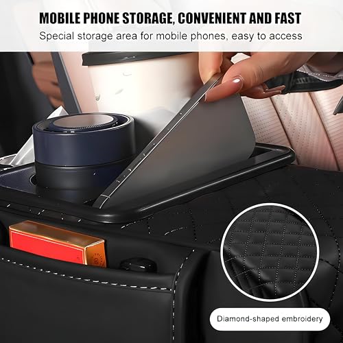 Image of (1 Pieces /BLACK) Premium Car Armrest Cushion Organizer, 5-in-1 Center Console Cover with 2 Cup Holders & Dual Storage Bags, PU Leather Heightened Armrest Pad with Phone & Tissue Holder for CarInterior