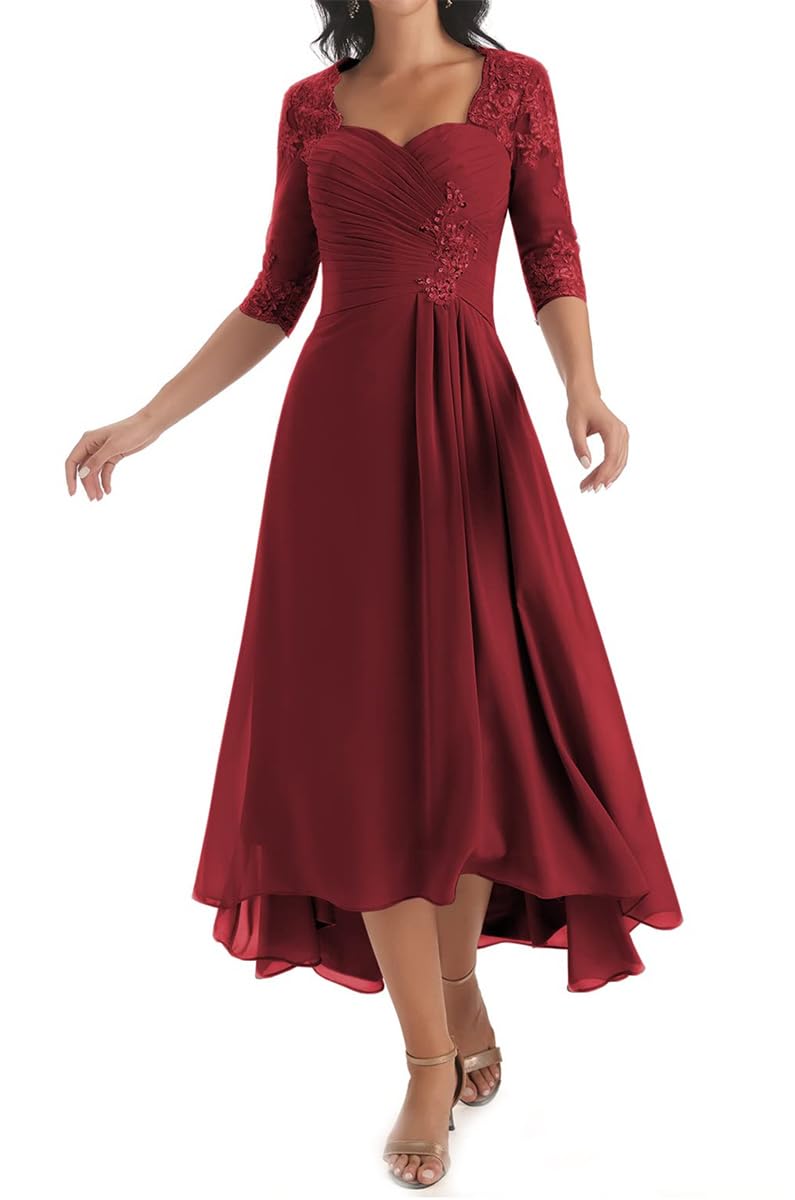 Hppee Women's Burgundy Tea Length Mother Of The Bride Dresses Plus Size Or Wedding With Sleeves Lace Applique A Line Chiffon Formal Party Dress Uk22