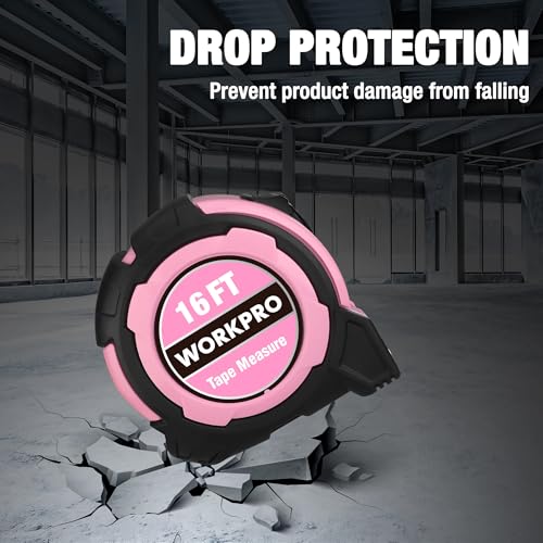 Image of WORKPRO 16FT Pink Tape Measure, 1 /8 Fractions Easy Read Measuring Tape | Retractable Nylon Coating Measurement Tape Accuracy 1 /32, Magnetic Hook, Belt Clip, Rubber Protective Casing