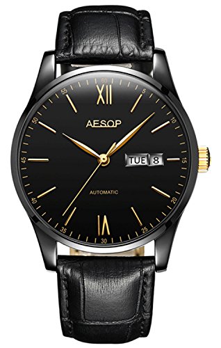 CARLIEN Men Fashion Simple Automatic Mechanical Watch Ultra Thin Waterproof Leather Strap Minimalist Wristwatch (Black Black)