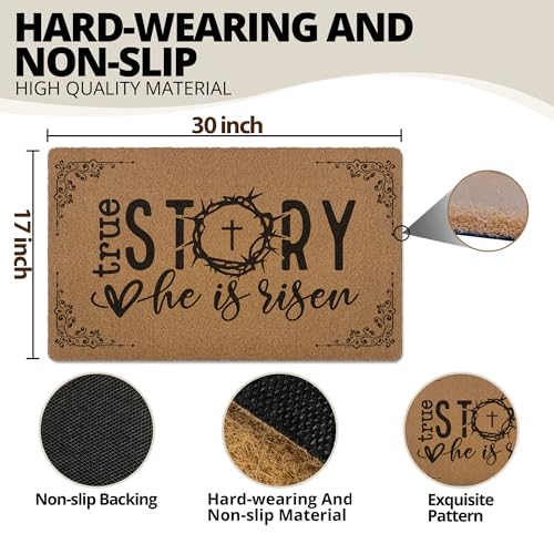 Image of Christian Easter Door Mat Doormat, He is Risen Bible Verse Welcome Front Door Mat Indoor Outdoor Entrance, Religious Easter Artificial Coir Doormats Rugs for Porch Entryway Decor 30x17in