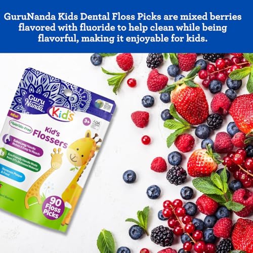 Image of GuruNanda Dental Floss Picks, Berry Flavor, 90 Count, for Kids | Pack of 2 | Giraffe-Shaped | Anti-Slip Design | Ages 3+
