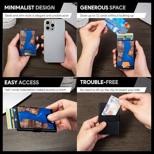 Image of Minimalist Mens Card Holder Wallet, RFID Blocking Slim Smart Pop Up Aluminum Wallet,Holds 12+ Cards,Expandable Compact Plate,Cash Strap /Money Clip (Resin Dark Blue Wood)