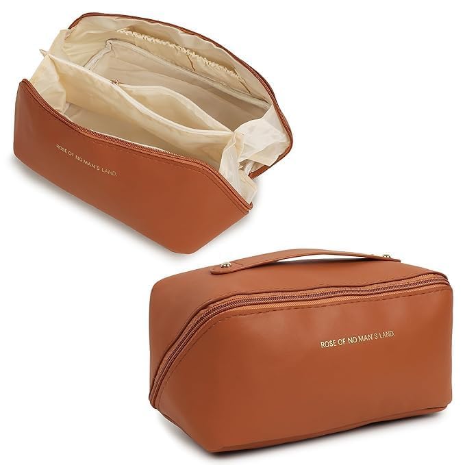 travel makeup bag organiser, large capacity cosmetic case, multiple compartments, cream white, with top handle (brown)