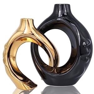 Black Gold Home Decoration Ceramic Vase Set 2, Black Golden Circle Vase with Holes Modern Farmhouse Decor, Center Furnishings, Wedding Entrance Decoration, Family Office Decoration