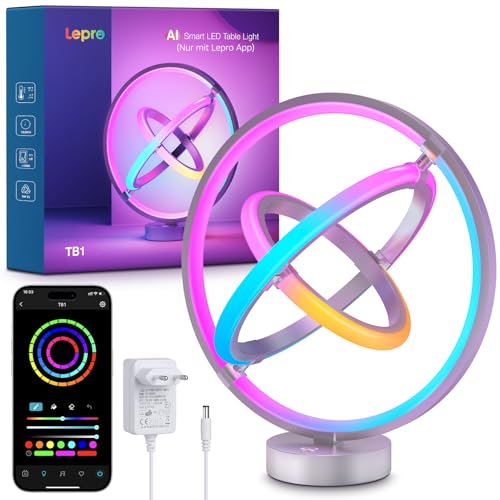 Lepro AI Smart Tischlampe TB1 Personalisierter KI-Lichtdesigner Musik Sync/APP Sprachsteuerung Tischleuchte Table Lampe Dimmbar RGB+IC-Technologie Kompatibel mit Alexa/Google Keine Fernbedienung