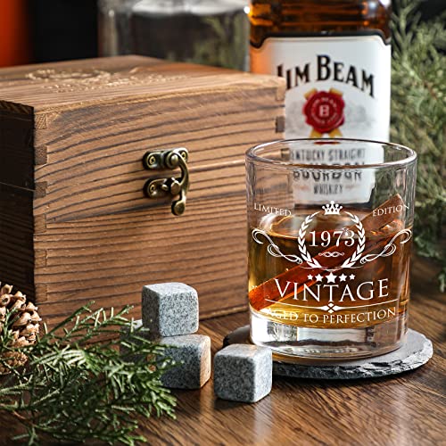 50Th Birthday Gifts For Men Whiskey Glass Set - 50Th Birthday Decorations, Party Supplies - 50 Year Anniversary, Bday Gifts Ideas For Him, Dad, Husband, Friends - Wood Box & Whiskey Stones & Coaster #TOP3