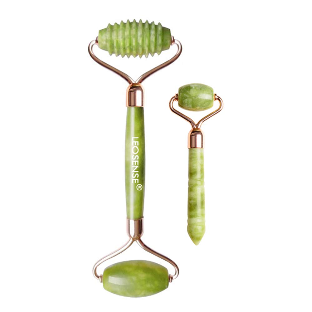 Jade Rollers Set for Face - Facial Massage Tool for Anti Aging Wrinkles and Skin Rejuvenate -100% Natural Jade Crystal Stone for Body Face Neck Eyes (Small Jade Roller & Spiky Jade Roller)