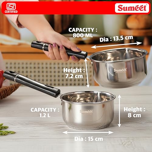 Image of Sumeet ISI Certified Stainless Steel Induction & Gas Stove Friendly Saucepan /Milk Pan /Tea Maker Set of 2Pcs - 800 & 1200ml, 13.5 & 15cm Dia, Silver