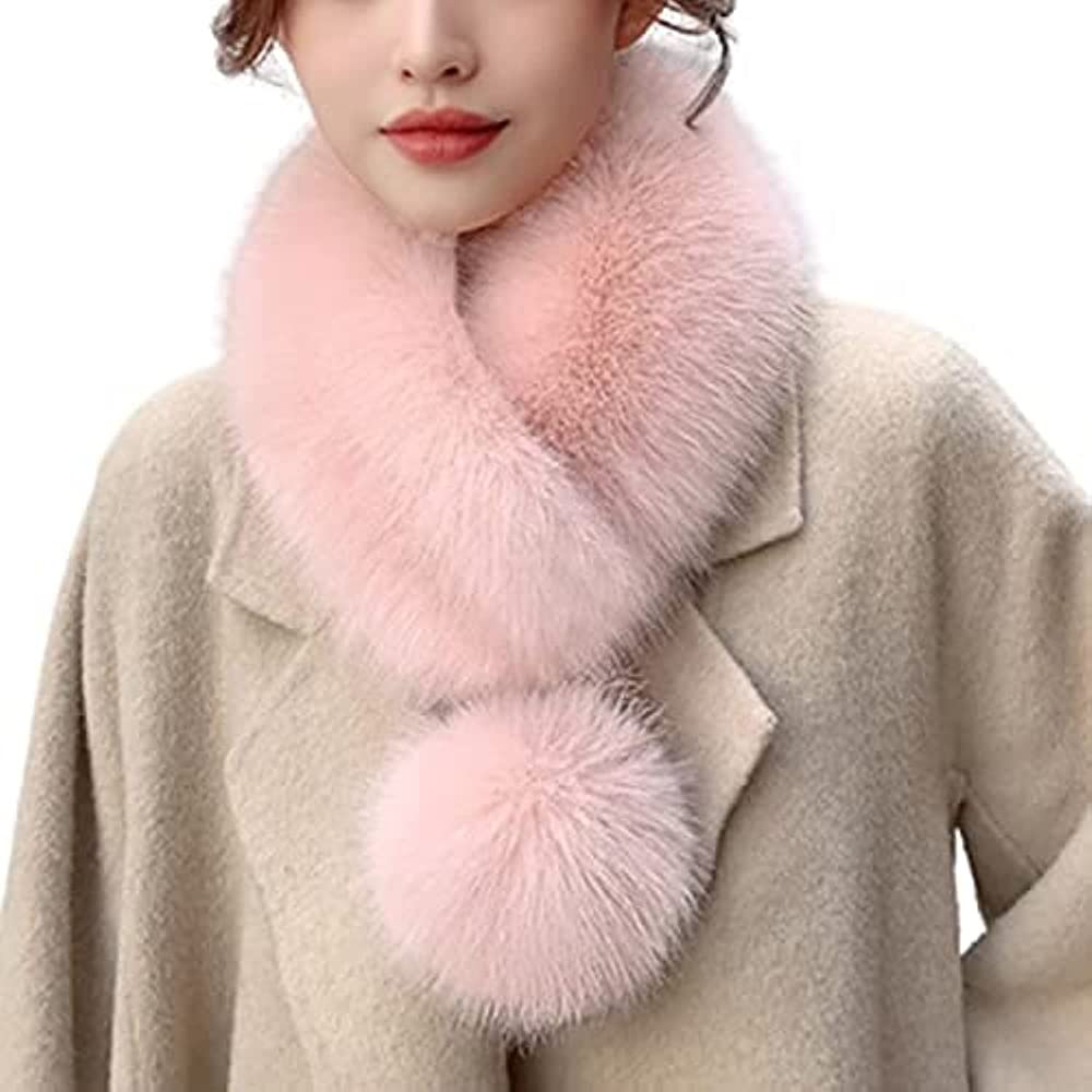 Winter Thicken Soft Warm with Pompom Imitation Fur Scarf,Faux Fur Collar Women's Neck Warmer Scarf Wrap,Fur Collar Scarf for Women (Pink)
