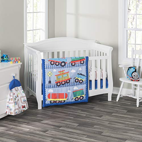 Image of EVERYDAY KIDS 4 Piece Boys Crib Bedding Set - Choo Choo Train - Includes Quilt, Fitted Sheet, Dust Ruffle and Diaper Stacker - Nursery Bedding Set - Baby Crib Bedding Set