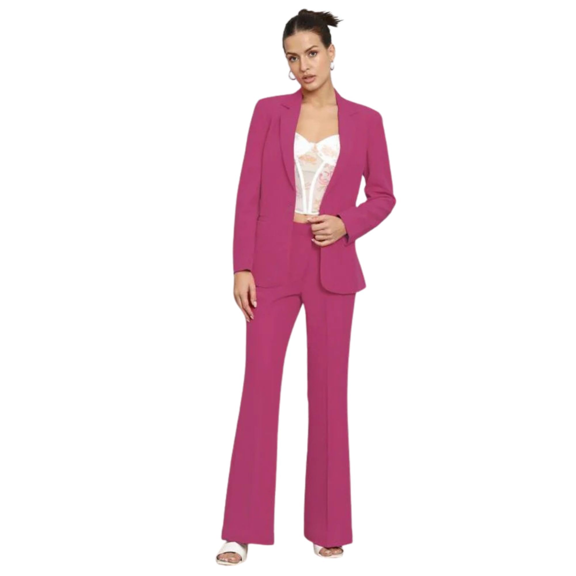 powersutra Women's Hot Pink Notch Collar Stretch Suit with Blazer & Trousers | Single-Breasted | Button Closure | Elastic Waist Pants-picture-41