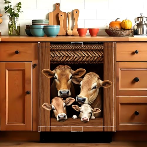 Image of Cow Dishwasher Magnet Cover, 23x26 in Summer Farm Dishwasher Magnet Sticker for Kitchen Funny Xmas Magnetic Dish Washer Cover Refrigerator Magnets Covers Fridge Panel Decal