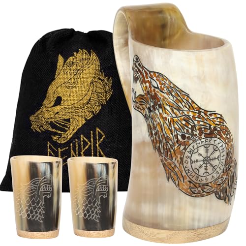 FENRIR Viking Drinking Horn Mug Set - 16 Oz | 2 Shot Glasses Wolf Engraved | Viking Gifts for Men | 100% Handmade Oxhorn | Norse Horn Cup for Beer, Ale, Mead, Whiskey - Wolf Compass Finish