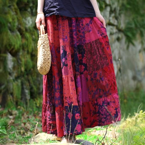 Boho Women Printed Cotton Linen Maxi Skirt Casual Patchwork Skirt Beach Travel Outfit4