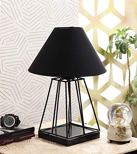 Image of tu casa Black Cotton Shade with Black Metal-Iron Base Table Lamp | Elegant Bedside & Desk Lamp for Bedroom, Living Room, Office, Home Decor & Gifting (Height : 15 Inch /No Blub Included)