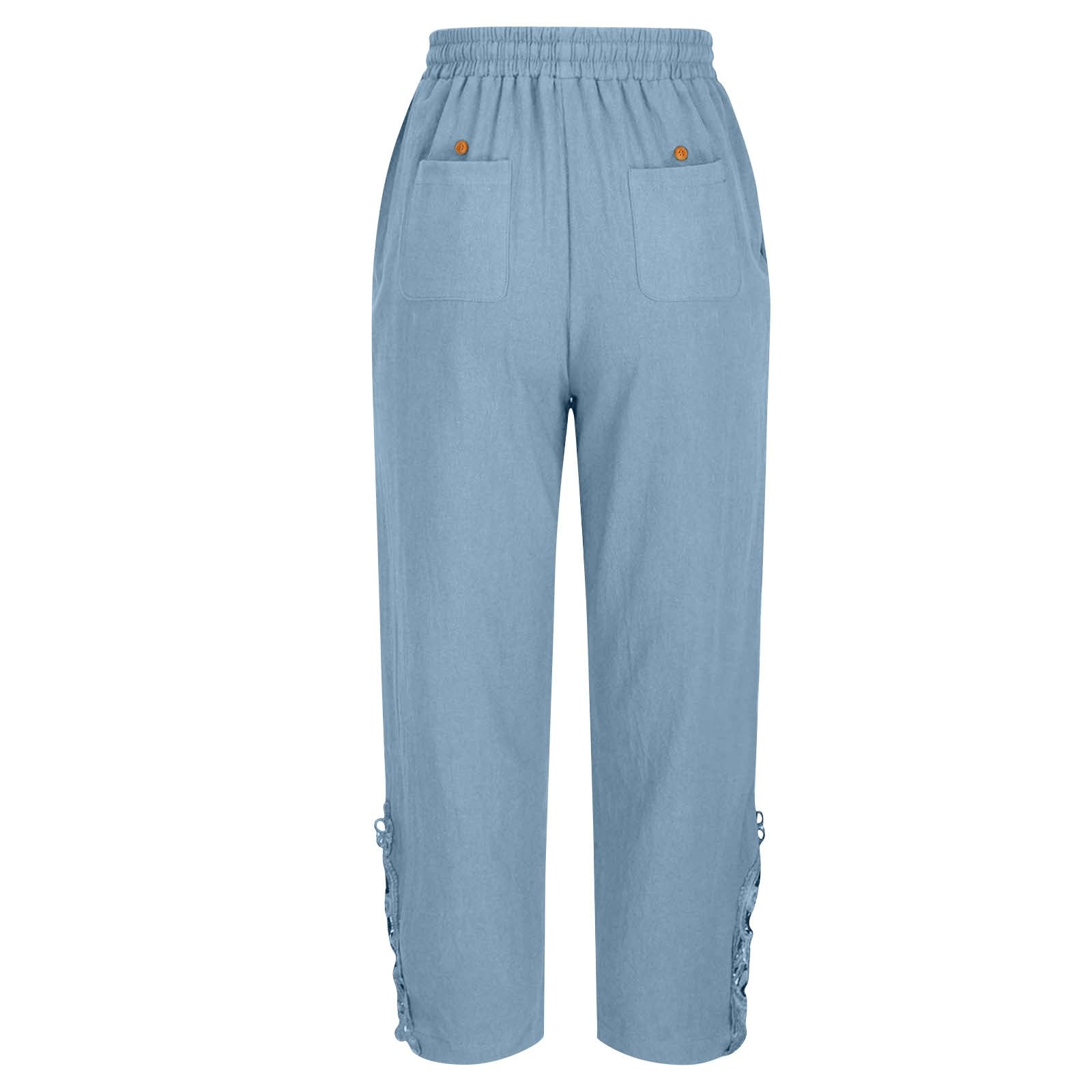 Lace Boho Linen Pants for Women 2026 Summer Lightweight Gauze Pants Elastic Waist Beach Travel Trousers with Pockets - 4
