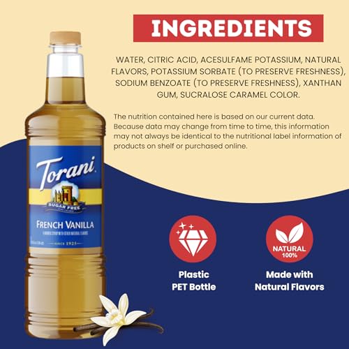Image of Torani Sugar Free French Vanilla Syrup 1L Bottle - Keto, Zero Calorie