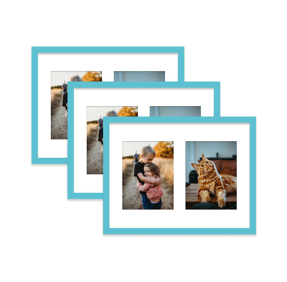 Turquoise Multi Photo Frame - Holds 2 x 8x6 Pictures, Family Collage Picture Frame for Wall Display, 16x12 Frame size, Set of 3