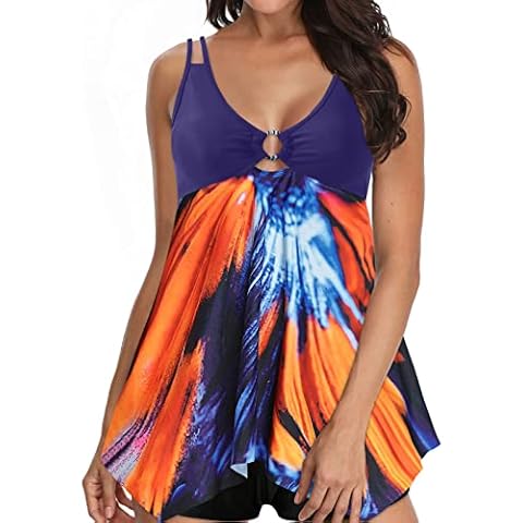 Bathing with Bottom Swim Swimwear Swimsuit Swimsuits Swimdress Tummy Control Flowy Womens Suits Suit Swimwears Tankinis Set Swimsuit with Skirt Attached (Blue, L) Cover