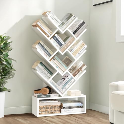 ABOUT SPACE Book Shelf for Home - 11 Tier Tree Shaped Book Rack for Study Room DIY Wooden Display Cabinet with Bottom Storage Space for Office, Livingroom, Bedroom (White - L 57 x B 21.5 x H 109 cm)
