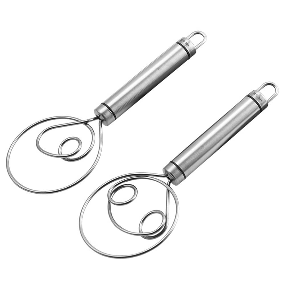 2PCS Bread Whisk, Dutch Style Whisk, Wooden Dough Whisk, Stainless Steel Pastry Whisks, Flour Mixing Tool Flour Egg Mixing Stick Whisk Kitchen Tool Bread Mixer for Bread, Batter, Cake