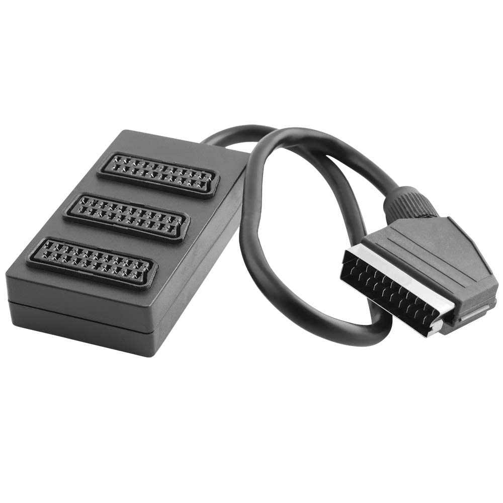 Rozdzielacz audio wideo, 1 wtyk Scart męski na 3 Scart żeński, z kablem 40 cm, czarny