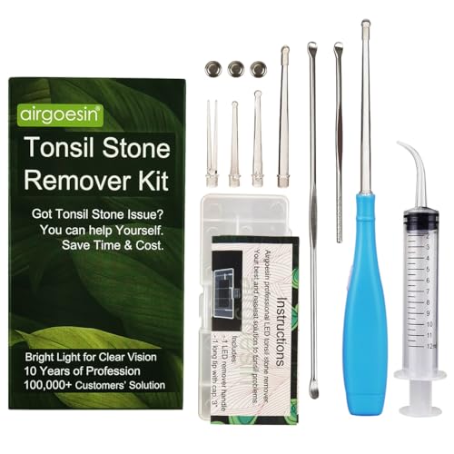 Airgoesin™ Upgraded Tonsil Stone Remover Tool, Blue, 5 Tips, Tonsillolith Pick Case + 1 Irrigator Fresh Breath Oral Rinse