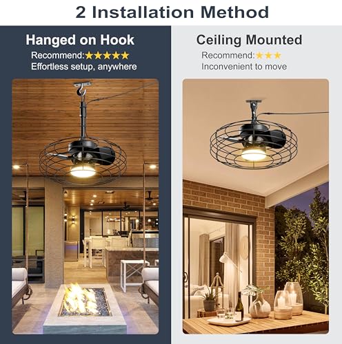 Coolbull Outdoor Ceiling Fans with Light for Patios, 20'' Wet Rated Gazebo Fan Remote&APP Control, Dimmable Hanging Fan with Plug in Cord for Pergola, Black