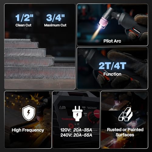 ARCCAPTAIN 55A Plasma Cutter, Non-Touch Pilot Arc High-Frequency Plasma Cutting Machine, 120/240V Dual Voltage IGBT Inverter, 1/2" Clean Cut, 2T/4T, for Beginners DIY