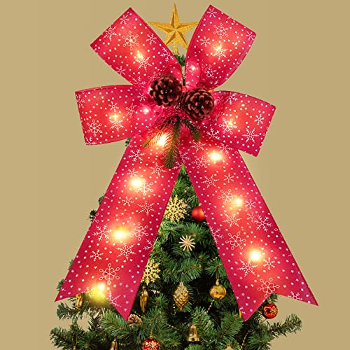 Geosar Christmas LED Wreath Bow Outdoor Decorations, 23 x 16 Inch Big Xmas Wreath Bow with Light Christmas Tree Topper Christmas Wall Door Front Outdoor Tree Decoration(1 Pcs)