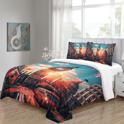 Housse de couette impression 3D Londres parure de lit microfibre douce avec zip 220x240