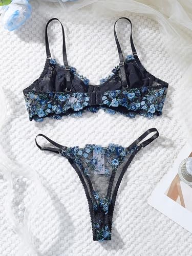 Image of Sexy Floral Embroidered Flower Mesh Underwire Push Up Lingerie Set