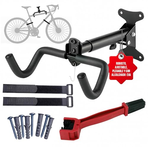 MARFRAND Soporte Bicicletas Pared   Ajustable, Plegable y Acolchado de goma EVA   Colgar Bicicletas Pared – Cepillo para limpieza de la cadena y cambios – Ideal para Garajes y Pisos Reducidos.