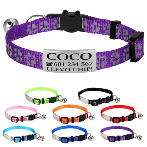 Ibera Gifts - Collar Gato Personalizado Antiahogo y Reflectante, Ajustable De 22 a 30 cm, Grabado Con Nombre, Para Gatos De Todos Los Tamaños, Sin Cascabel (Lila)