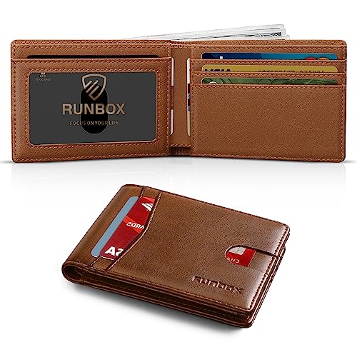 Image of RUNBOX Wallet for Men Slim Leather Bifold RFID Blocking Minimalist Front Pocket Design with Gift Box | Minimalist Front Pocket Design, Holds 8 Cards, RFID Protection, Gifts for Men on Birthdays, Father's Day, and Christmas