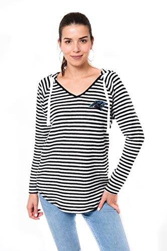 Ultra Game NFL Carolina Panthers Womenss V-Neck Hoodie Pulllover Sweatshirt Stripe, Team Color, X-Large