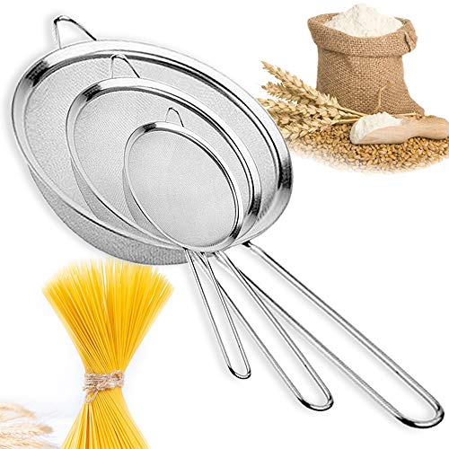3 PACK Stainless Steel Fine Mesh StrainersSmall Medium Large Size Sifter Metal Strainer SetColander Sieve Sifters for KitchenTeaJuiceNoodleEggsVegetablesFruits