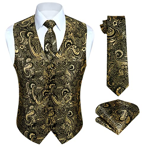 Image of HISDERN Mens Vest Tie Set 3PC Formal Waistcoat Paisley Floral Jacquard Necktie Pocket Square Suit Vests Wedding Party